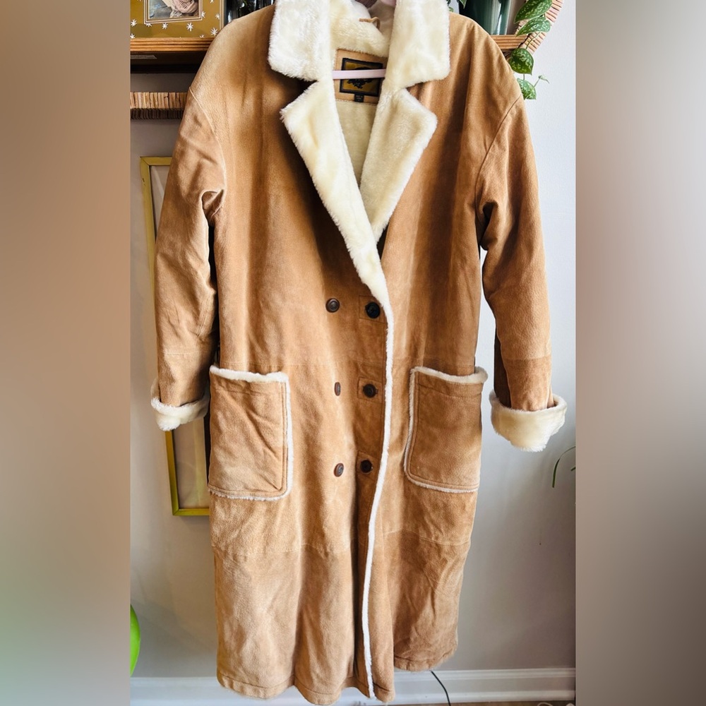Suede and faux fur, vintage, long/ floor length coat/trench coat